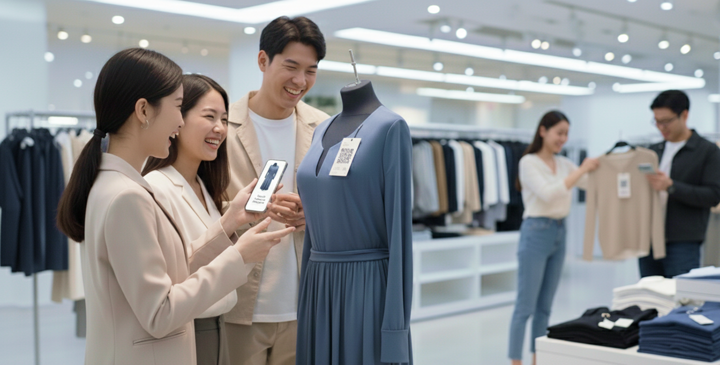 一群人購物時使用手機掃描條碼，檢視商品的數位履歷